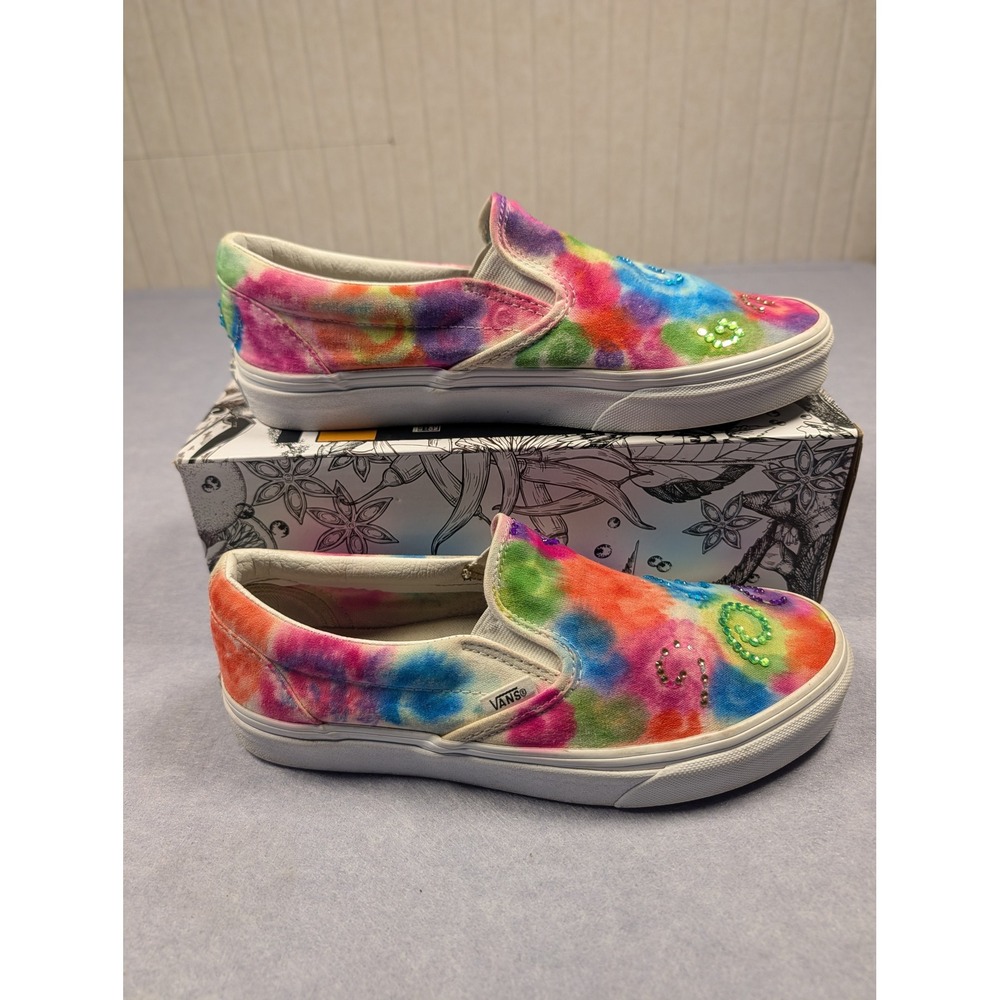 Vans Slip On Women 9 Multi Color Tie Dye Rhinestone Spiral Good